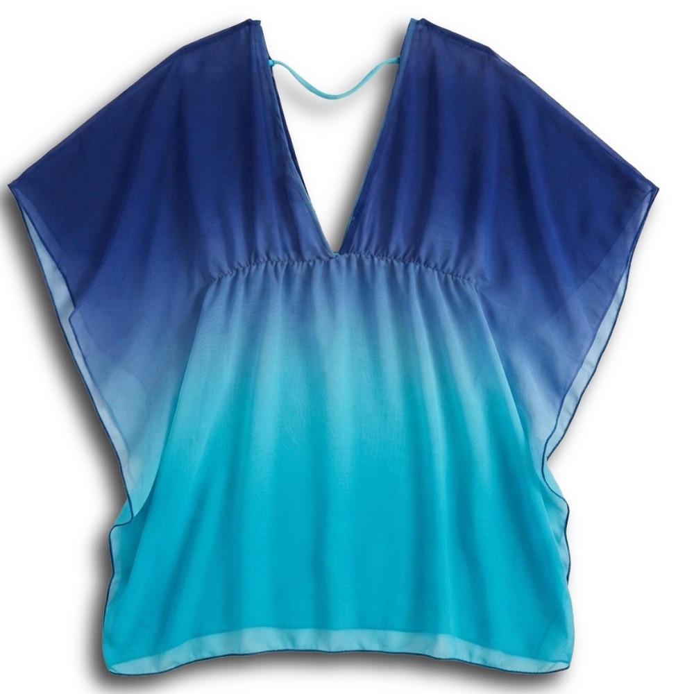 Elif for Jordan Taylor Blue Ombre Kaftan Cover Up V-Neck Butterfly Sleeve Large